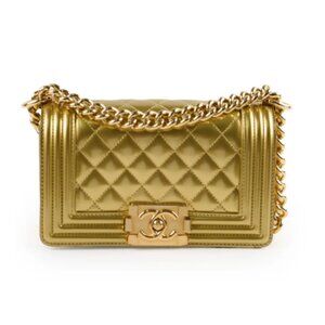CHANEL CC METALLIC PATENT GOLD SMALL BOY BAG 19 SERIES VINTAGE PRELOVED